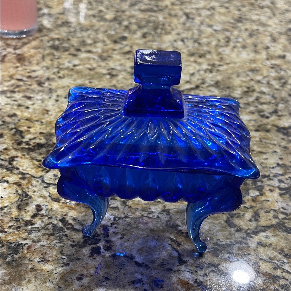 Vintage Indiana Glass Trinket Box Cobalt Blue Footed With Lid